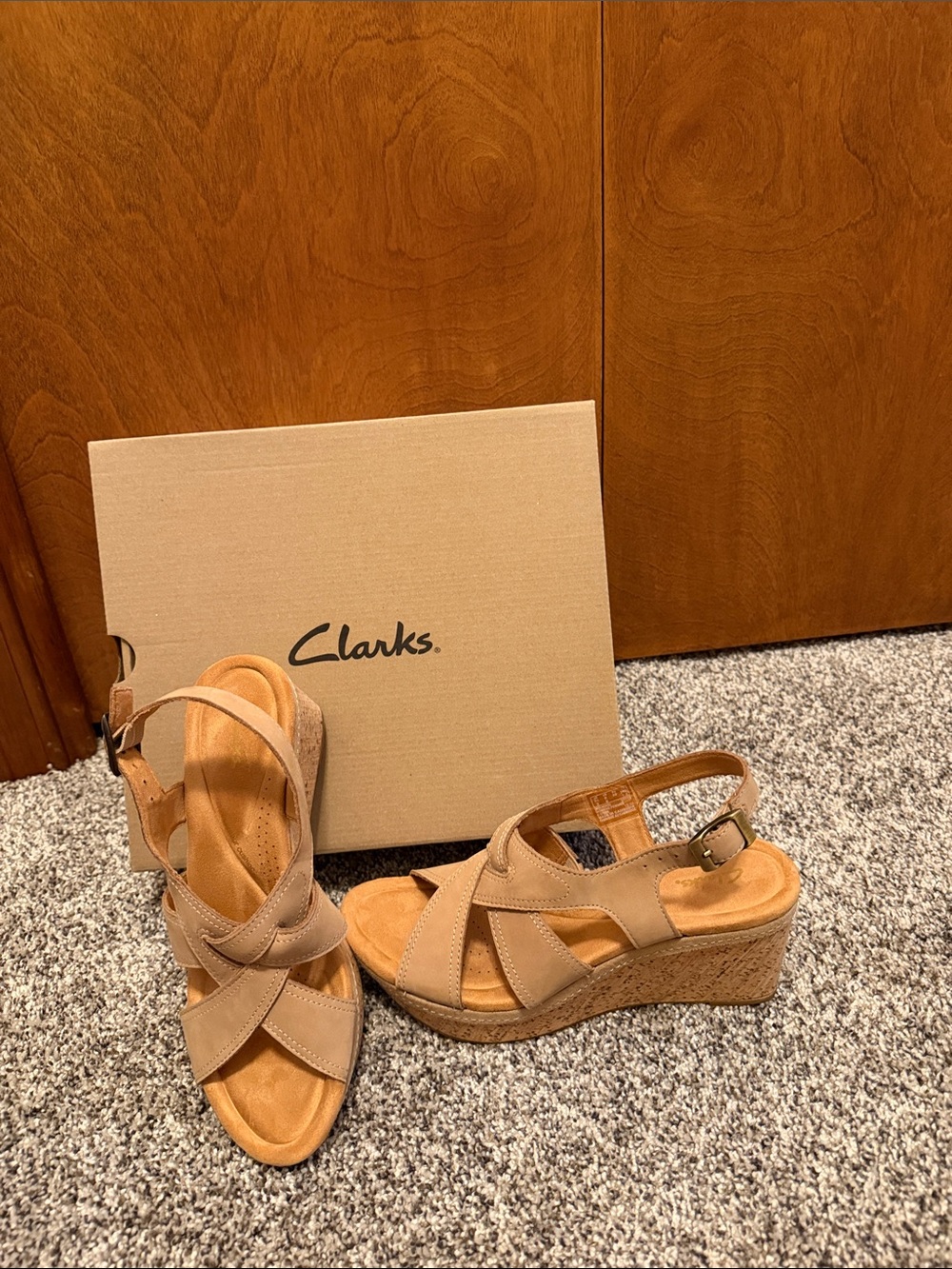 Clarks Beige/Tan Wedge Sandals with Cork Platform